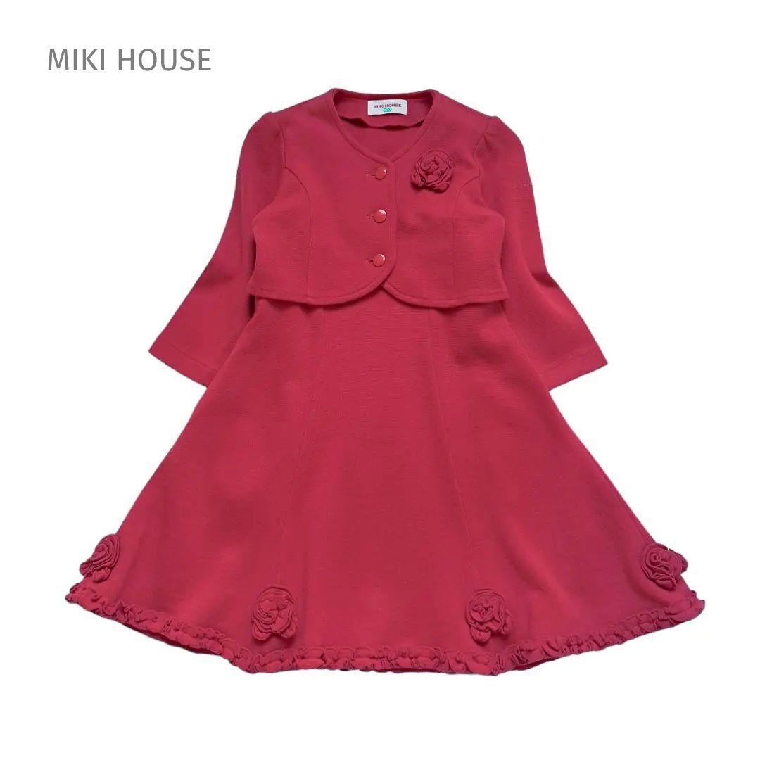 100 MIKIHOUSE ミキハウス 日本製 ジャケット ワンピース 立体モチーフ アンサンブル レッド セットアップ 赤 花 女の子 ガールズ キッズ_画像1