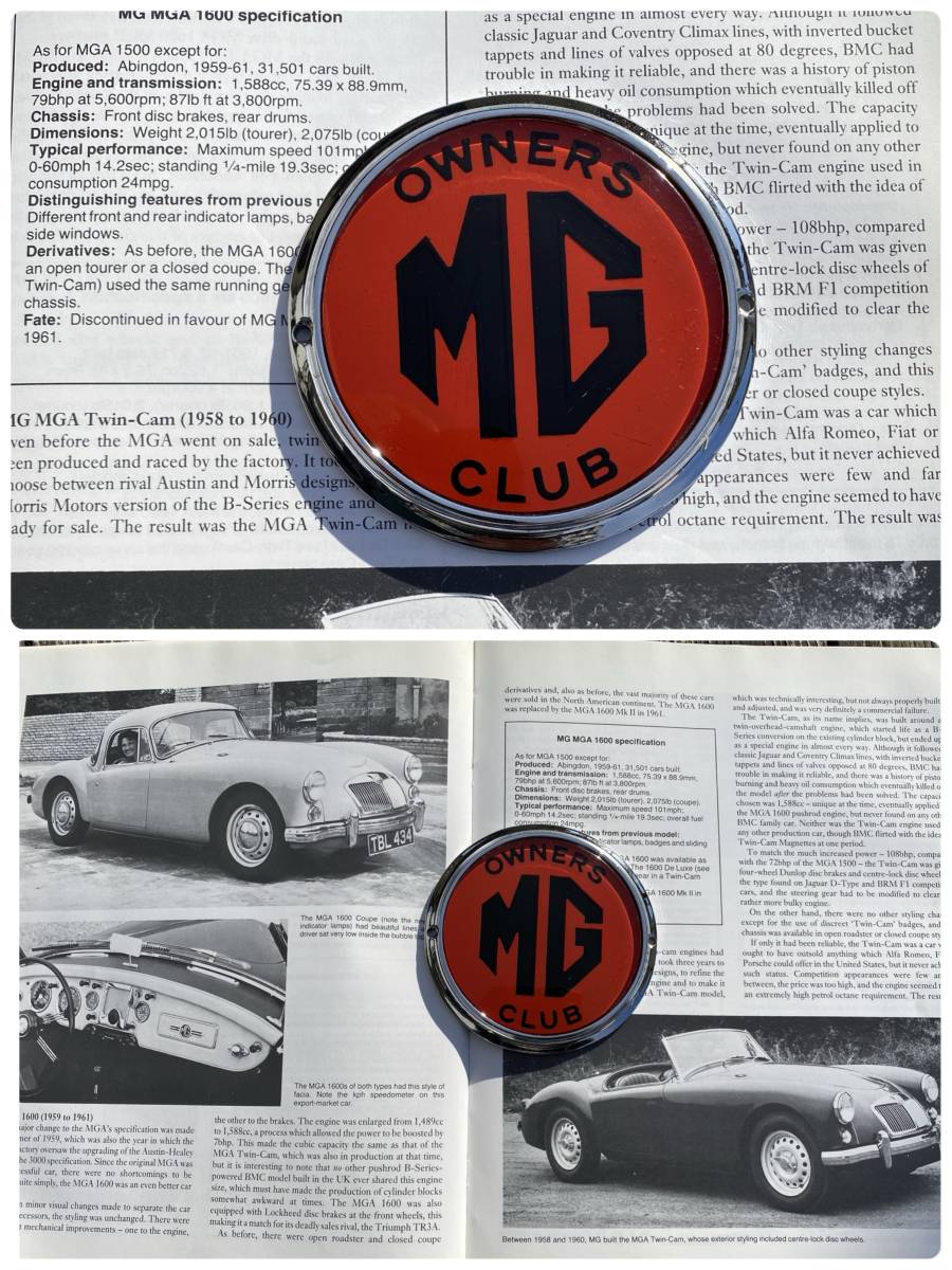 中古◆MGグリルバッジ MG OWNERS CLUB◆MGミゼット◆BLMC/BMC/MGB/MGミジェット/MGA/MGTF/MGRV8/MGF/ADO16/MGZR/MGメトロ/MG1100/1300_クロムメッキ金属プレート サイズ直径9.4cm