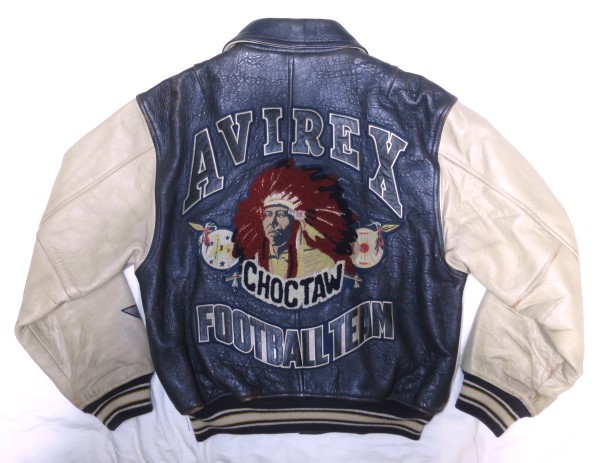 90s AVIREX アヴィレックス オールレザー 本革 スタジャン Ｓ ～ M インディアン ワッペン ネイティブ 革ジャン VARSITY アメフト