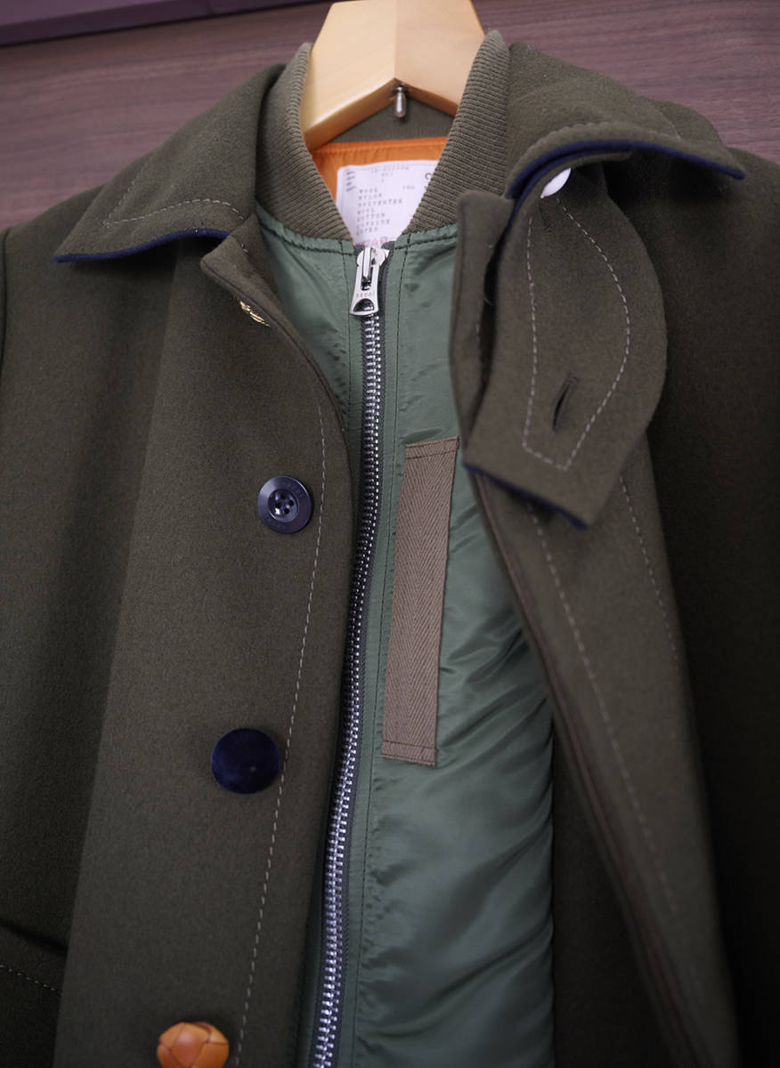 名作 Sacai サカイ 19AW MA-1 DOCKING MELTON STAIN COLLAR COAT 名作 Sacai サカイ 19AW MA-1 DOCKING MELTON STAIN COLLAR COAT