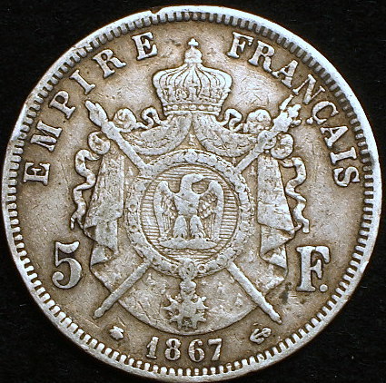  原文:【フランス大型銀貨】（1867年銘 25.0g）