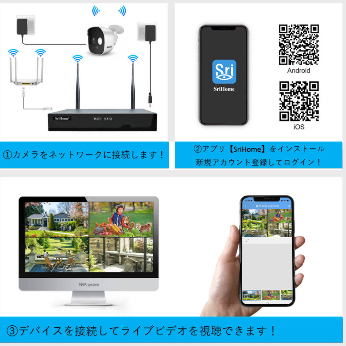 送料無料・迅速配送・防犯カメラセット6台カメラ 屋外 IP66防水 監視カメラ 遠隔監視&動体検知 暗視撮影 多彩な録画モード 正規品SriHomeの画像10