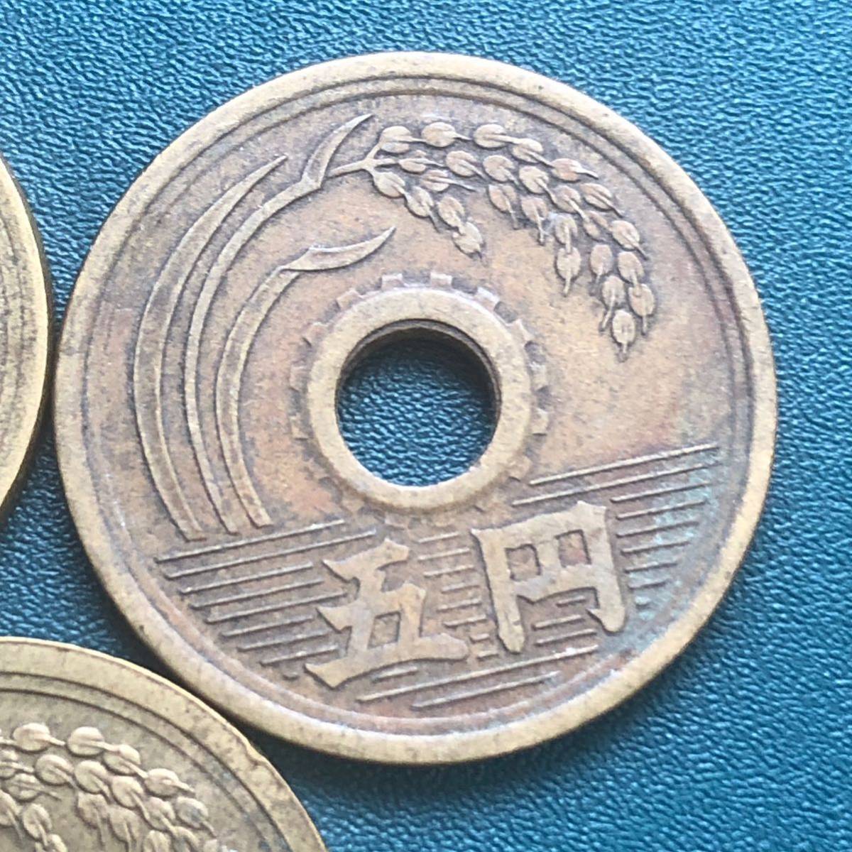 昭和24、25年 5円黄銅貨 小穴ズレエラー 美品 エラーコイン　フデ5 3枚セット 珍品_画像5