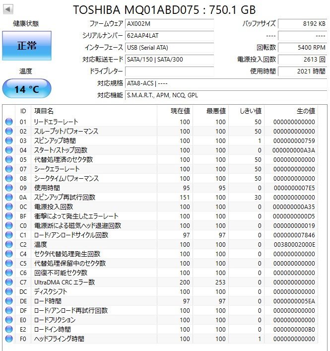 4016 2.5インチ内蔵SATAハードディスク 750GB 東芝 4個まとめて 9.5mm 5400rpm MQ01ABD075 正常 使用1246/2021/2233/8098時間 Mac/Winの画像4