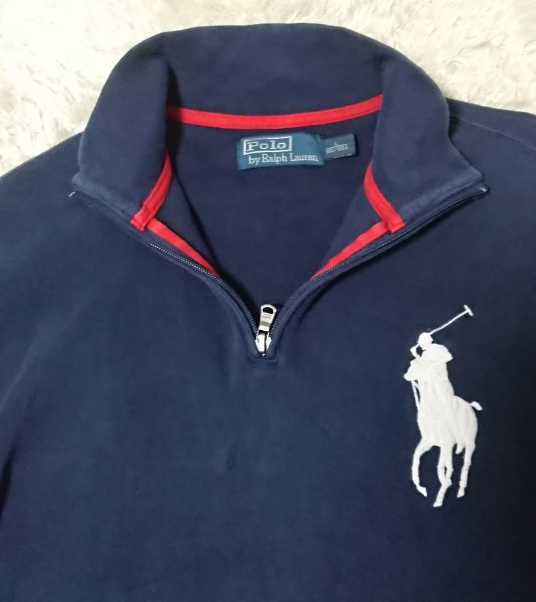 ポロバイラルフローレン Polo by Ralph Lauren　ハーフジップ　コットンセーター　無地　紺　綿100　L　ビッグポニー　ワッペン付_画像4