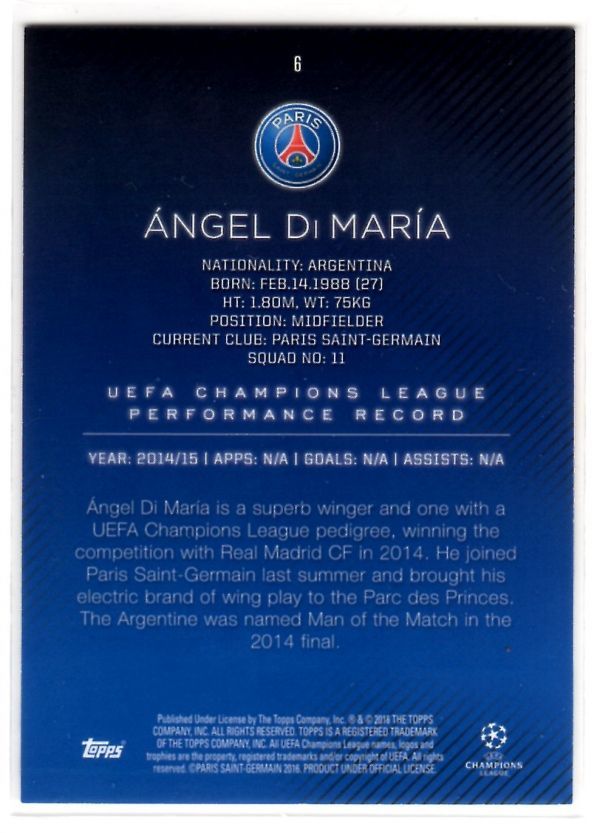 超レア!! 25枚限定!! Angel Di Maria(アンヘル・ディ・マリア) 2016 Topps UEFA Champions League Showcase Base Red Parallel 24/25_画像2