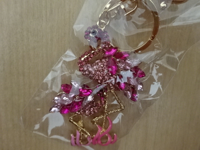  rhinestone key holder bird flamingo? key chain bag charm gold color pink 