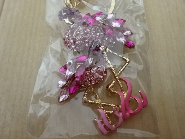  rhinestone key holder bird flamingo? key chain bag charm gold color pink 