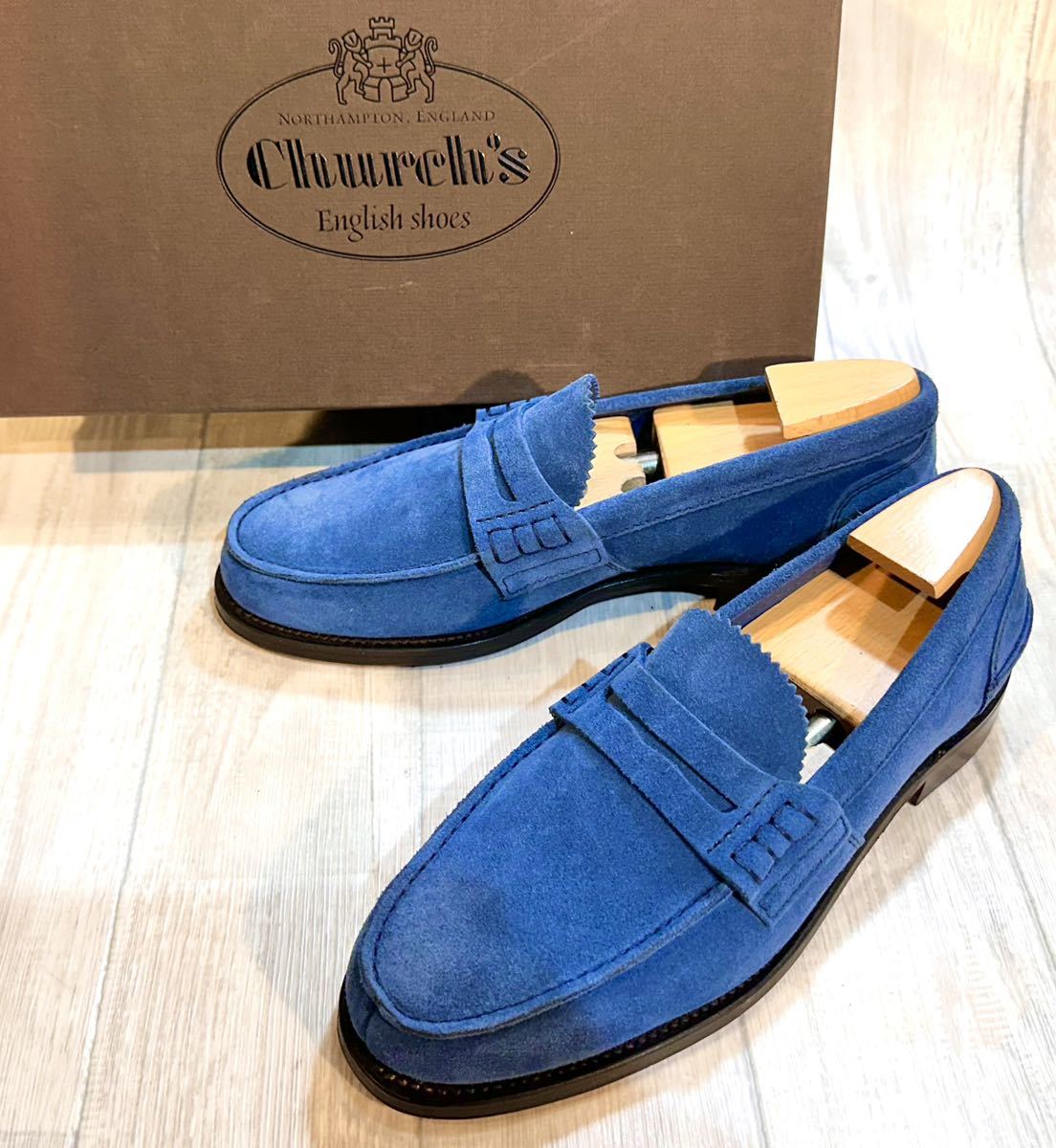 【未使用】Church\'s チャーチ◆25.5cm 7◆England製◆コインローファー モカシン 革靴 本革 ビジネスシューズ ドレスシューズ スエード 青