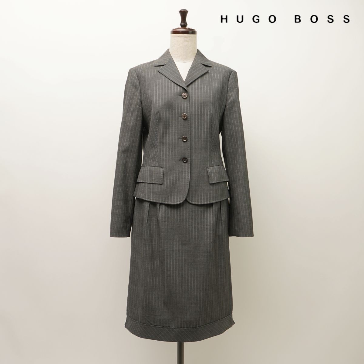 美品 HUGO BOSS ヒューゴボス ストライプ フォーマル セットアップスカートスーツ ジャケット 総裏 レディース グレー サイズM*KC81_画像1