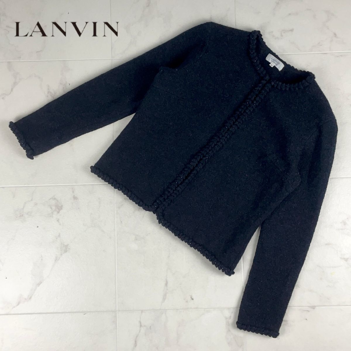 美品 LANVIN ランバン ウール100% ラウンドネック ラインストーンデザインカーディガン トップス レディース 黒 ブラック サイズ38*KC832_画像1