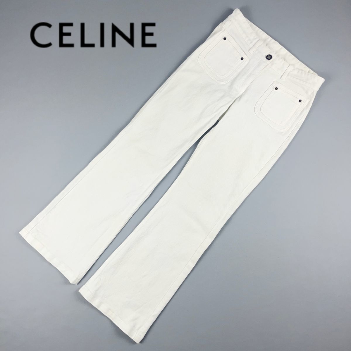 CELINE セリーヌ フロントポケットデザインデニムセミフレアパンツ ボトムス レディース 白 ホワイト サイズ36*KC854_画像1