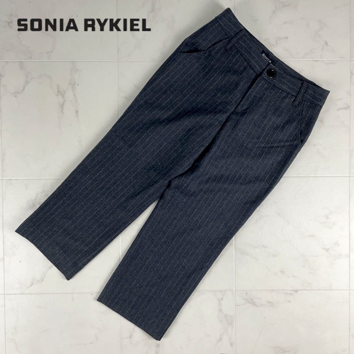 美品 SONIA RYKIEL ソニア リキエル ストライプ ラムウール カシミヤ混 クロップドパンツ ボトムス レディース グレー サイズ34*KC317_画像1