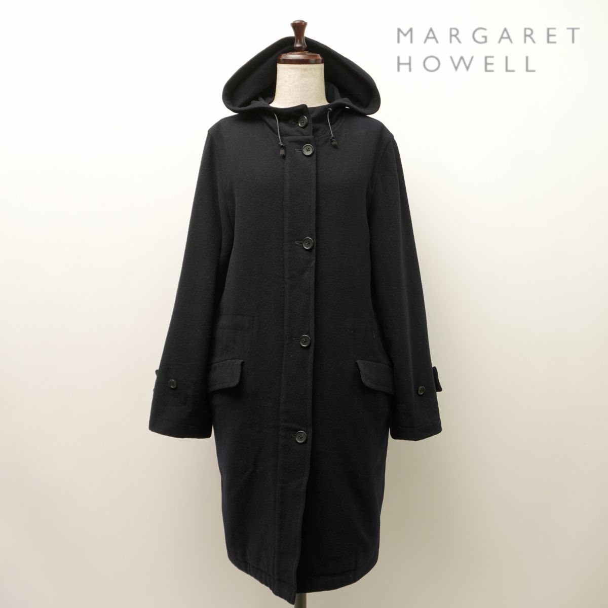 美品 MARGARET HOWELL マーガレットハウエル ウール混 フーディージップコート レディース 黒 ブラック サイズ2*KC939