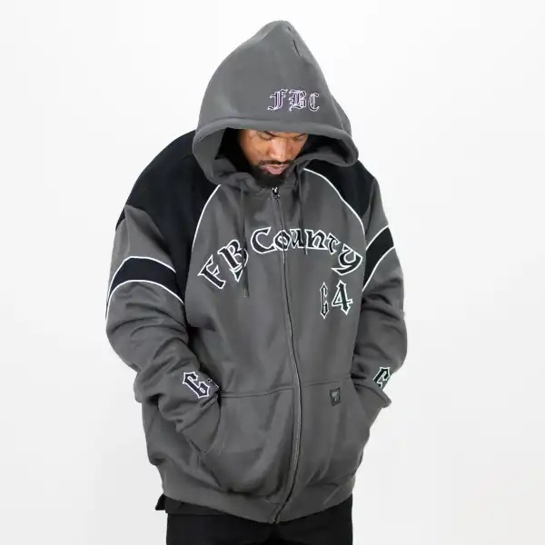 BI25)FB COUNTY ジップアップパーカー/GREY×BLACK/L/HIPHOP/B系/チカーノ/ウエストコースト/大きいサイズ/エフビーカウンティ/USサイズ_画像3