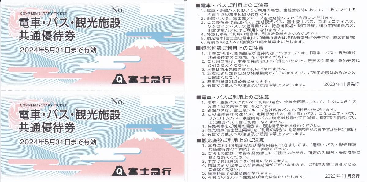 即決価格あり【送料無料】富士急行株主優待　電車・バス・観光施設共通優待券（２枚）　遊覧船他　２口出品　2024.5.31迄_優待券２枚の価格です。