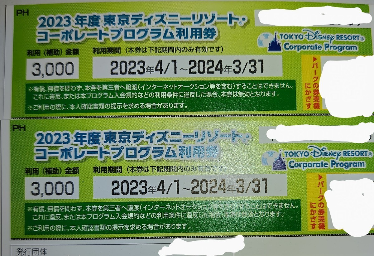 2023年度 東京ディズニーリゾート コーポレートプログラム利用券3000円分 × 2枚 （6000円分）_画像1