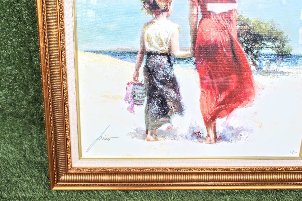 【名画】Pino Daeni 1939-2010 Beach Scenes シリーズ タイトル『Afternoon Stroll』ピノ・ダニエ　手彩色　直筆サイン　絵画　X6A2602-220_画像5