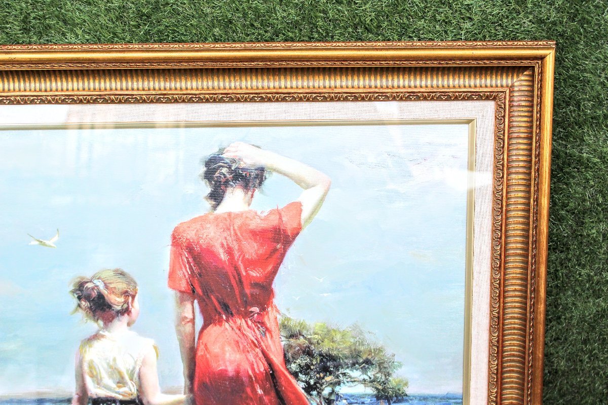 【名画】Pino Daeni 1939-2010 Beach Scenes シリーズ タイトル『Afternoon Stroll』ピノ・ダニエ　手彩色　直筆サイン　絵画　X6A2602-220_画像3