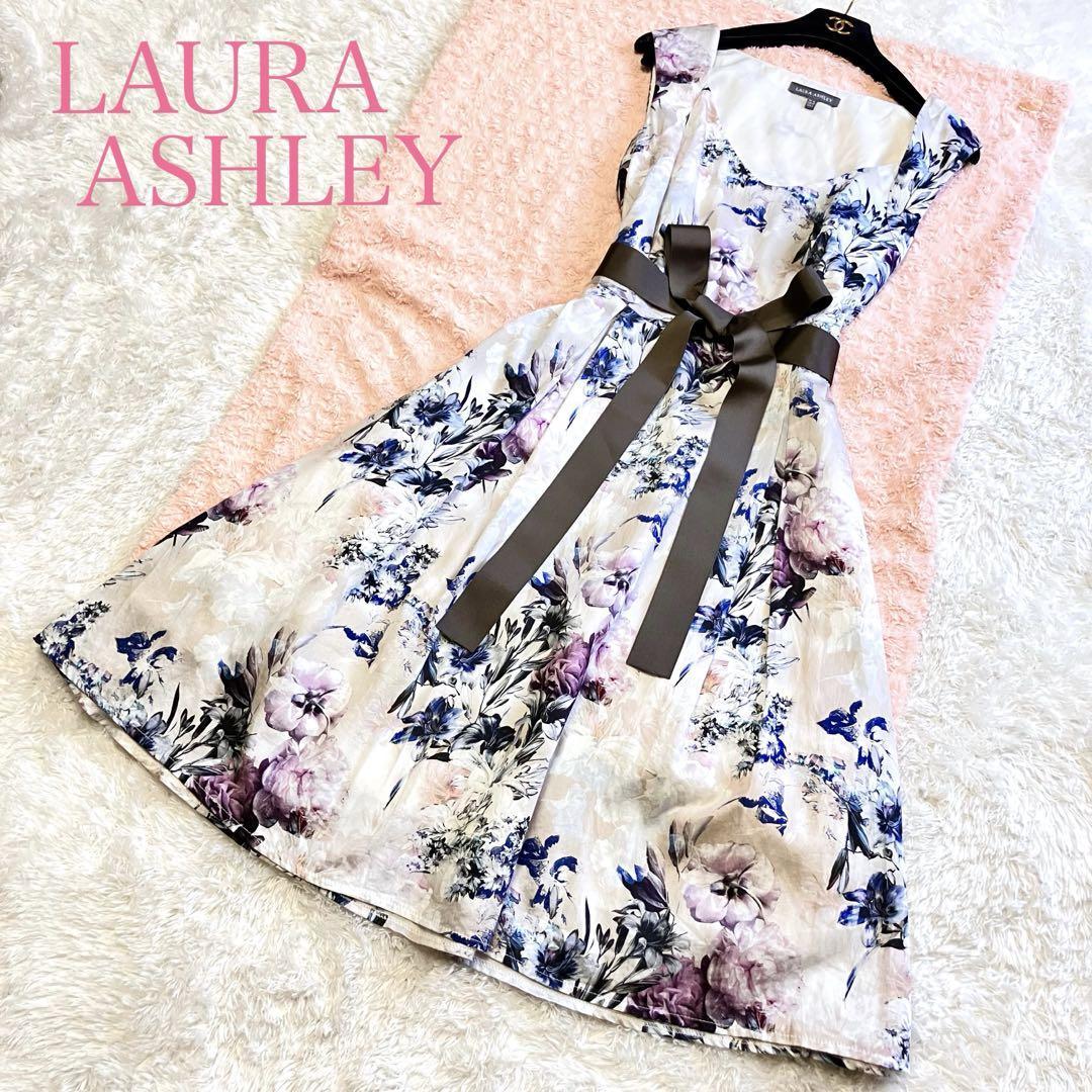 LAURA ASHLEY ローラアシュレイ ロングワンピース L リボン フレア ホワイト 花柄 総柄 ノースリーブ チュールレース_画像1