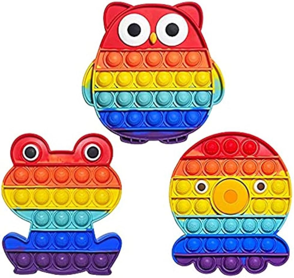 スクイーズ玩具ストレス解消プッシュポップ 幼児知育 人気な減圧バブルボードゲーム虹色動物おもちゃ3点セット（タコ +蛙+フクロウ）