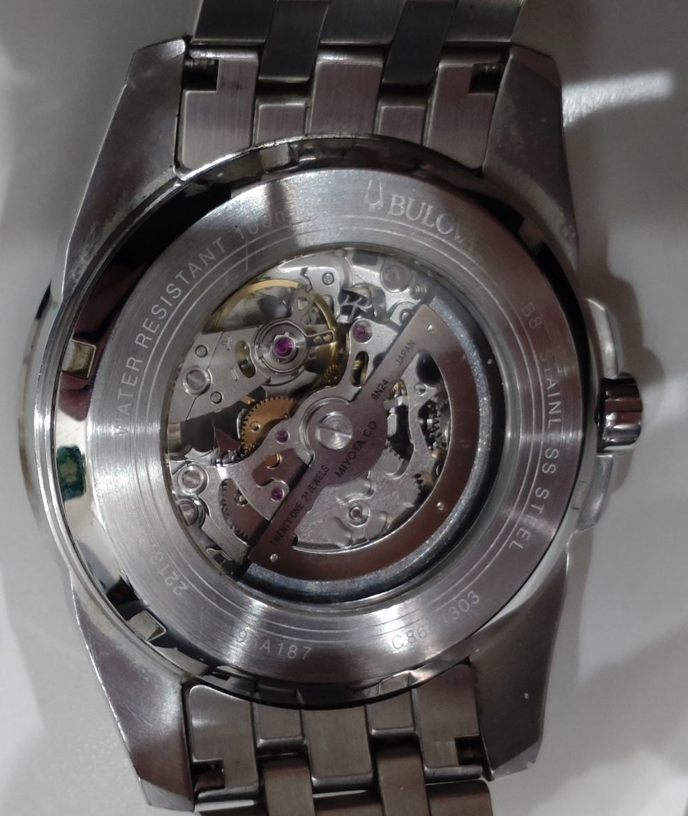 1円～ 稼働品 BULOVA ブローバ クラシック スケルトン 自動巻き メンズ 腕時計 96A187 オートマ 裏スケ 3針 シルバー ラウンド_画像4