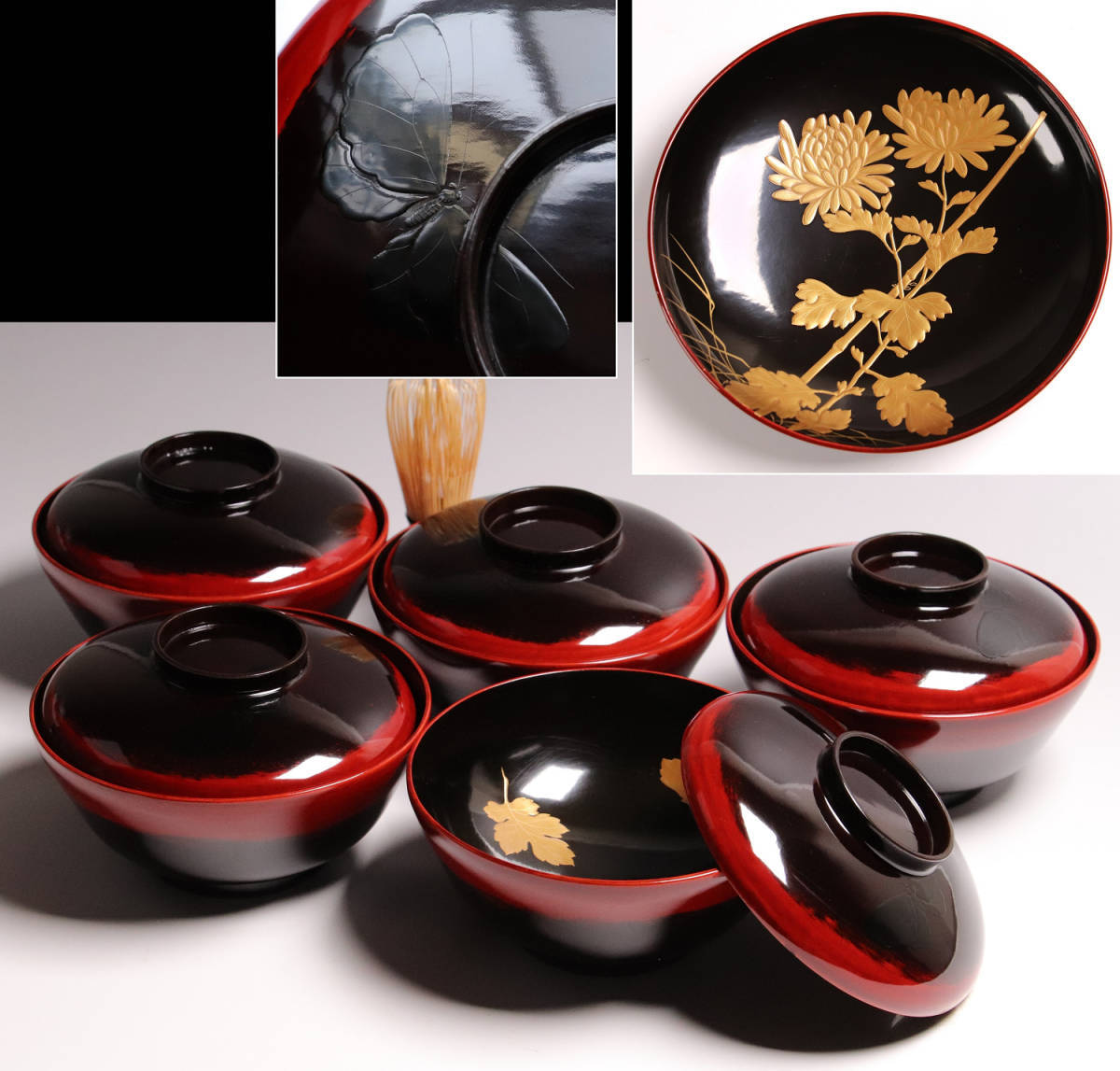 専用品です CG65 時代輪島塗 菊に蝶本金蒔絵 闇蒔絵 黒塗椀 四客 専用品です CG65 時代輪島塗 菊に蝶本金蒔絵 闇蒔絵 黒塗椀 四客