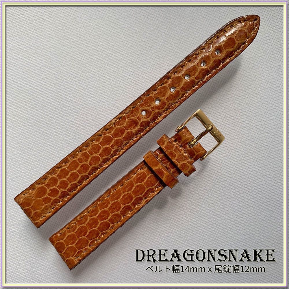 SALE！1点物 １４mm 本革 ドラゴンスネイク ヘビ革 ストレート 時計ベルト ライトブラウン CLASSIC GOLD BUCKLE バネ棒２本 BROWN
