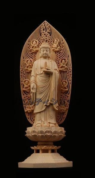 極上の木彫仏教美術 精密彫刻 仏像 手彫り 阿弥陀如来三尊立像 高さ約43ｃｍ_画像7