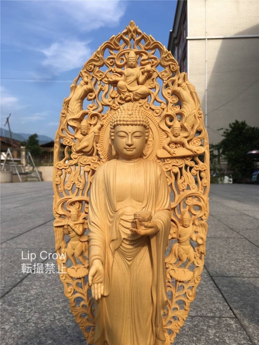 仏教美術 大型 阿弥陀如来 極上の木彫 精密彫刻 仏像 手彫り 仏師手仕上げ品 総高52cm_画像2