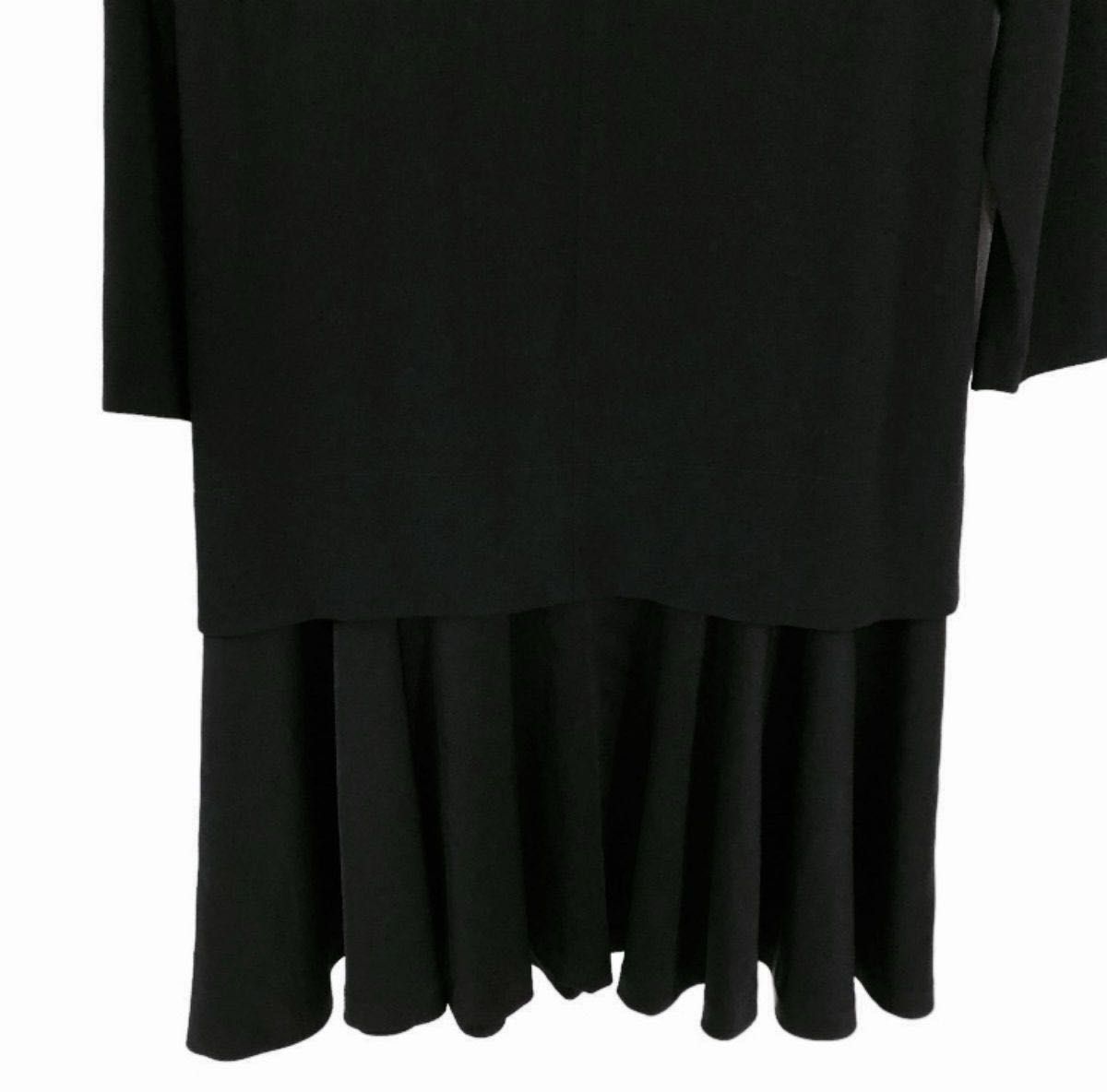 DKNY ダナキャラン ニューヨーク ローウエスト 異素材切り替えワンピース 七分袖 ドレス ブラック 6 オンワード樫山 日本製