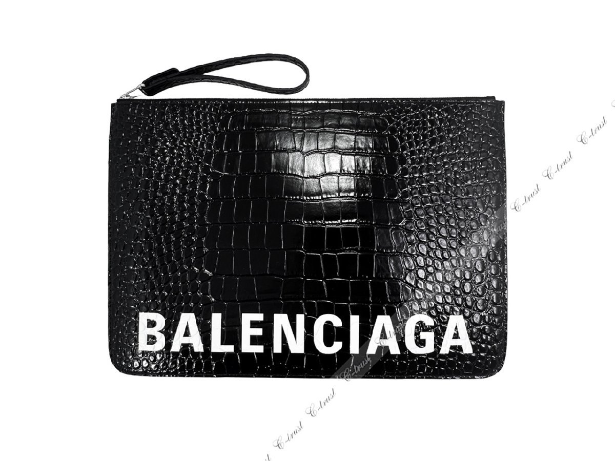 K485.. BALENCIAGA バレンシアガ ドキュメントケース クラッチ ポーチ クロコ型押し ロゴ レザー 新品 ★ 1090 ブラック_画像2