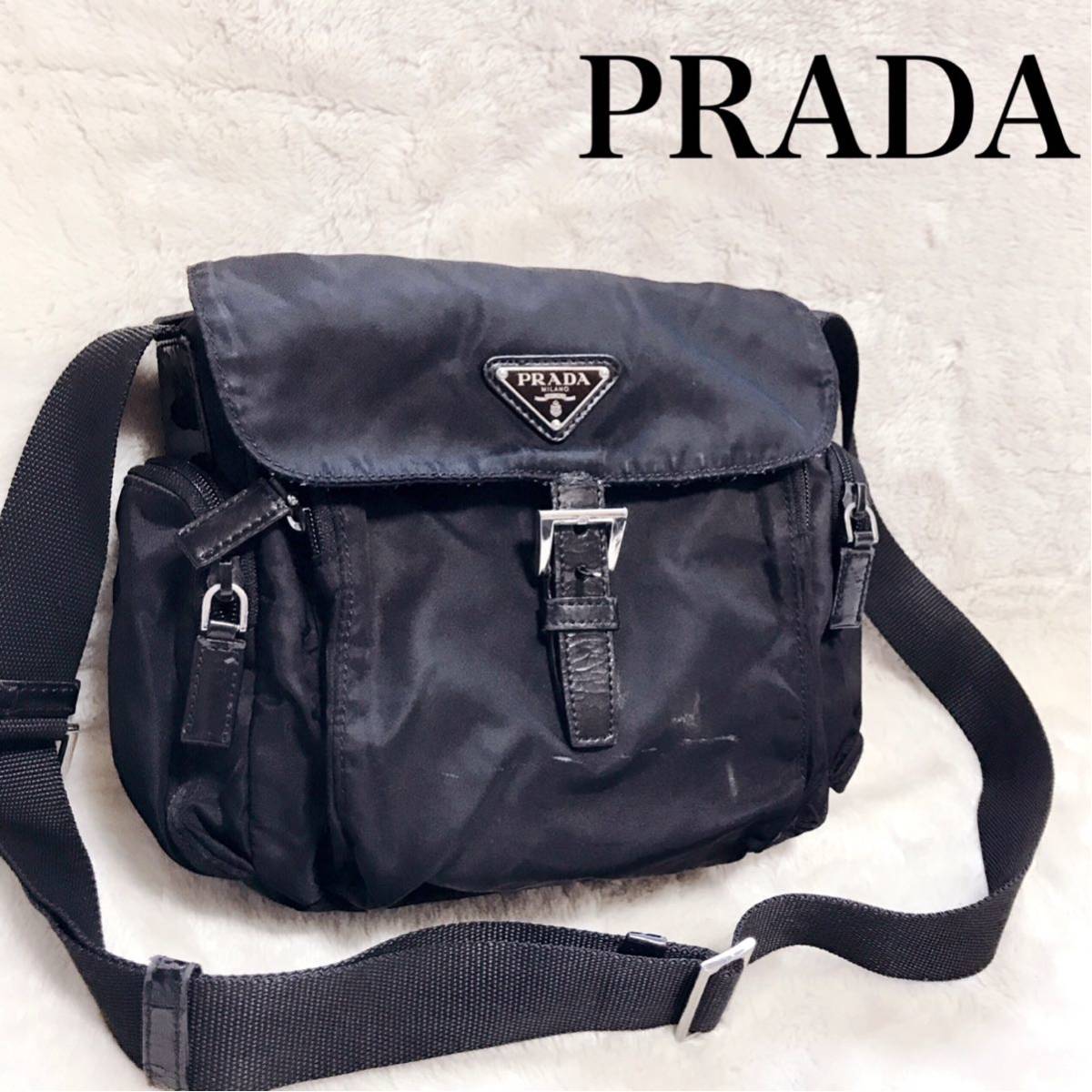 人気 PRADA プラダ ナイロン ショルダーバッグ 三角ロゴプレート 黒 サイドポケット