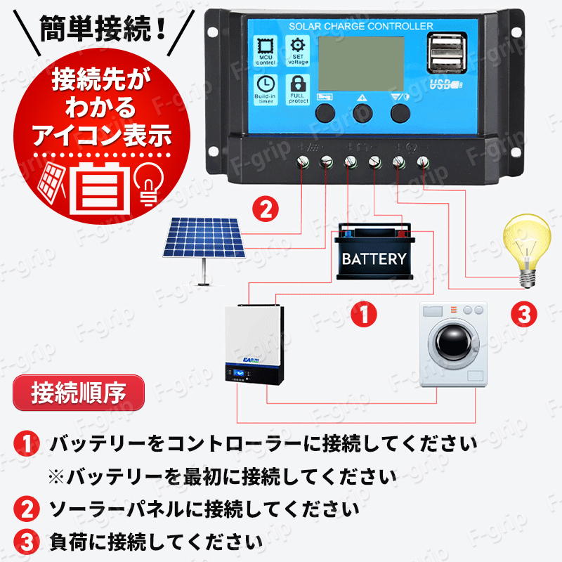 ソーラーチャージコントローラー 30A 12V 24V 充電コントローラー バッテリー USBポート付き LCD 液晶 自動調整機能 太陽光パネル_画像3