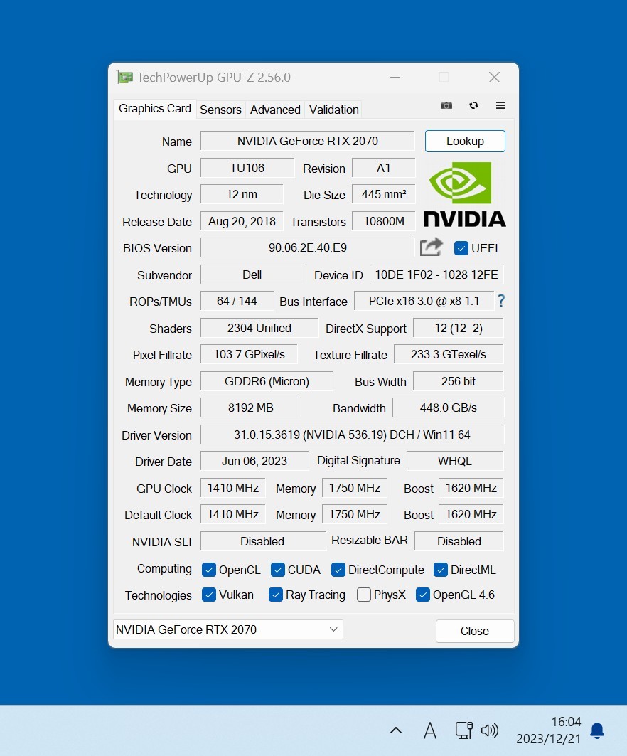 DELL GEFORCE RTX2070 8GB GDDR6 動作確認済み PCパーツ DELL GEFORCE RTX2070 8GB GDDR6 動作確認済み PCパーツ