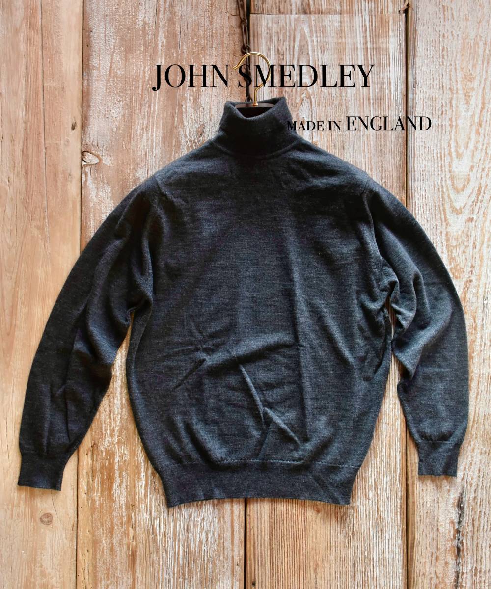希少 英国製 JOHN SMEDLEY ジョンスメドレー 旧タグ ヴィンテージ メリノウール タートルネック ニット セーター Mサイズ ウール100% GY