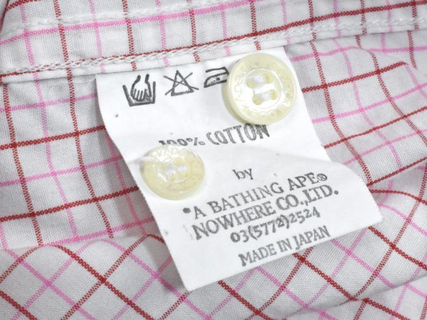 A BATHING APE 長袖 チェックシャツ sizeXS ピンク BAPE アベイシングエイプ 猿 刺繍ロゴ 小さいサイズ メンズ レディース ブランド古着_画像8