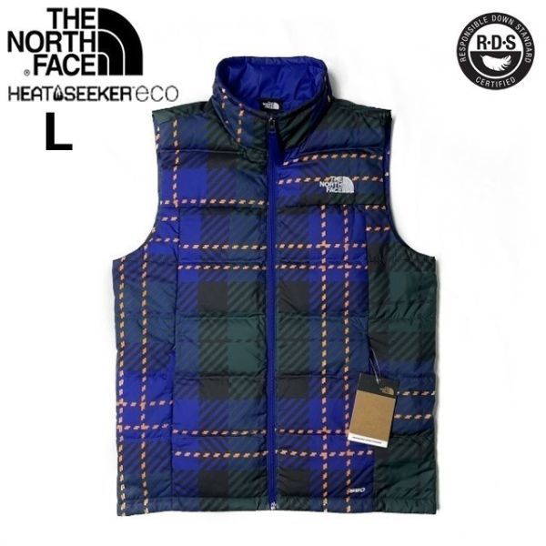 1円～!売切!【正規新品】THE NORTH FACE◆PRINTED ROXBOROUGH LUXE DOWN VEST ダウンベスト RDS認証 ロゴ刺繍(L)青 緑 チェック柄190122-83_画像3