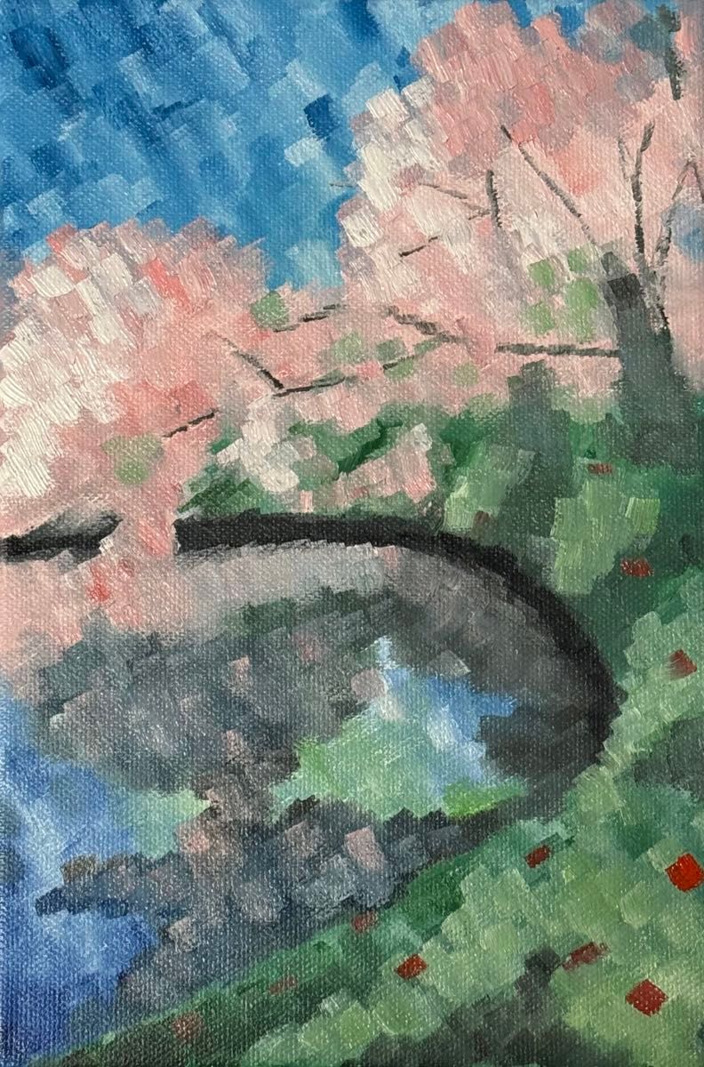 手描き油絵風景画原画-桜の池