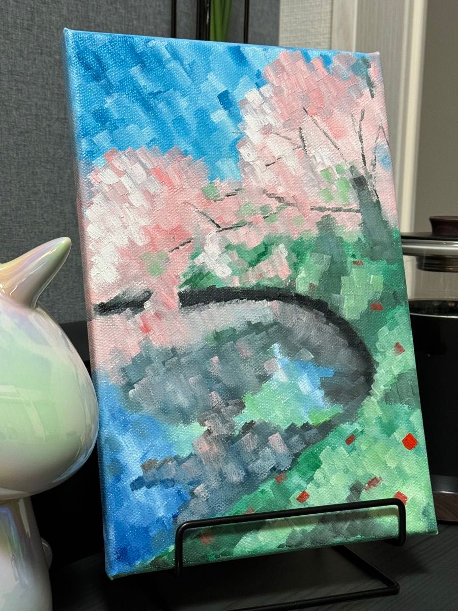 手描き油絵風景画原画-桜の池