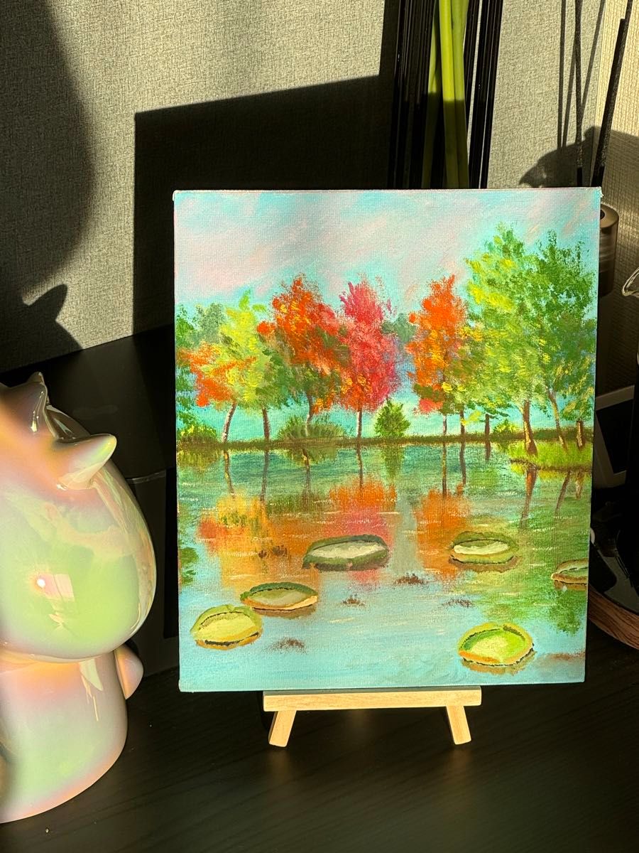 手描き油絵風景画原画-睡蓮の池