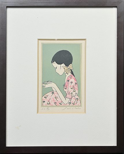 【 林 静一「少女B」木版画 限定38/60 サイン入 額装 y120605 】人物画 漫画家 イラストレーター アニメーション作家 ACFA会員 女性像_画像2