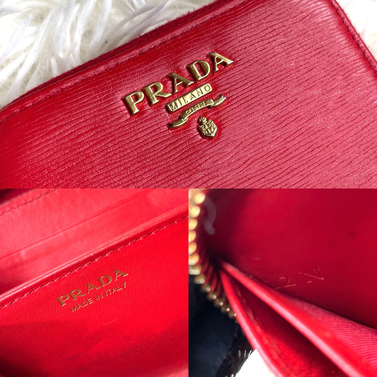 美品 / PRADA プラダ ヴィッテロムーブジッピーコインケース コインパース 小銭入れ レザー 1MM268 レッド ゴールド