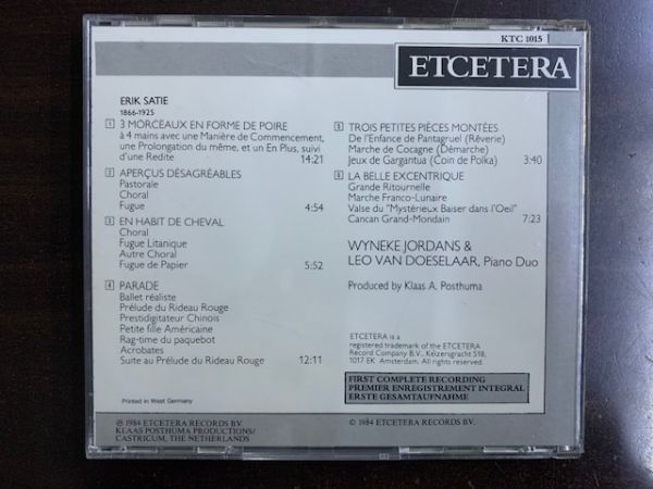 ERIK SATIE エリック・サティ：4手のためのピアノ作品全曲 ヨルダンス＆デーセラー 1984年オランダ録音 輸入盤 ETCETERA KTC1015_画像2