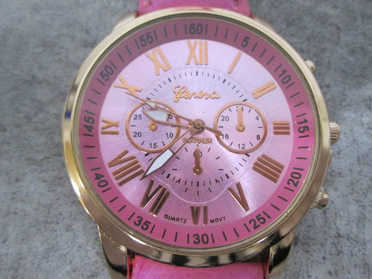 【1213h S7713】 GENEVA 腕時計 ピンク 時計 レディース メンズ クロノグラフ風 不動_画像2
