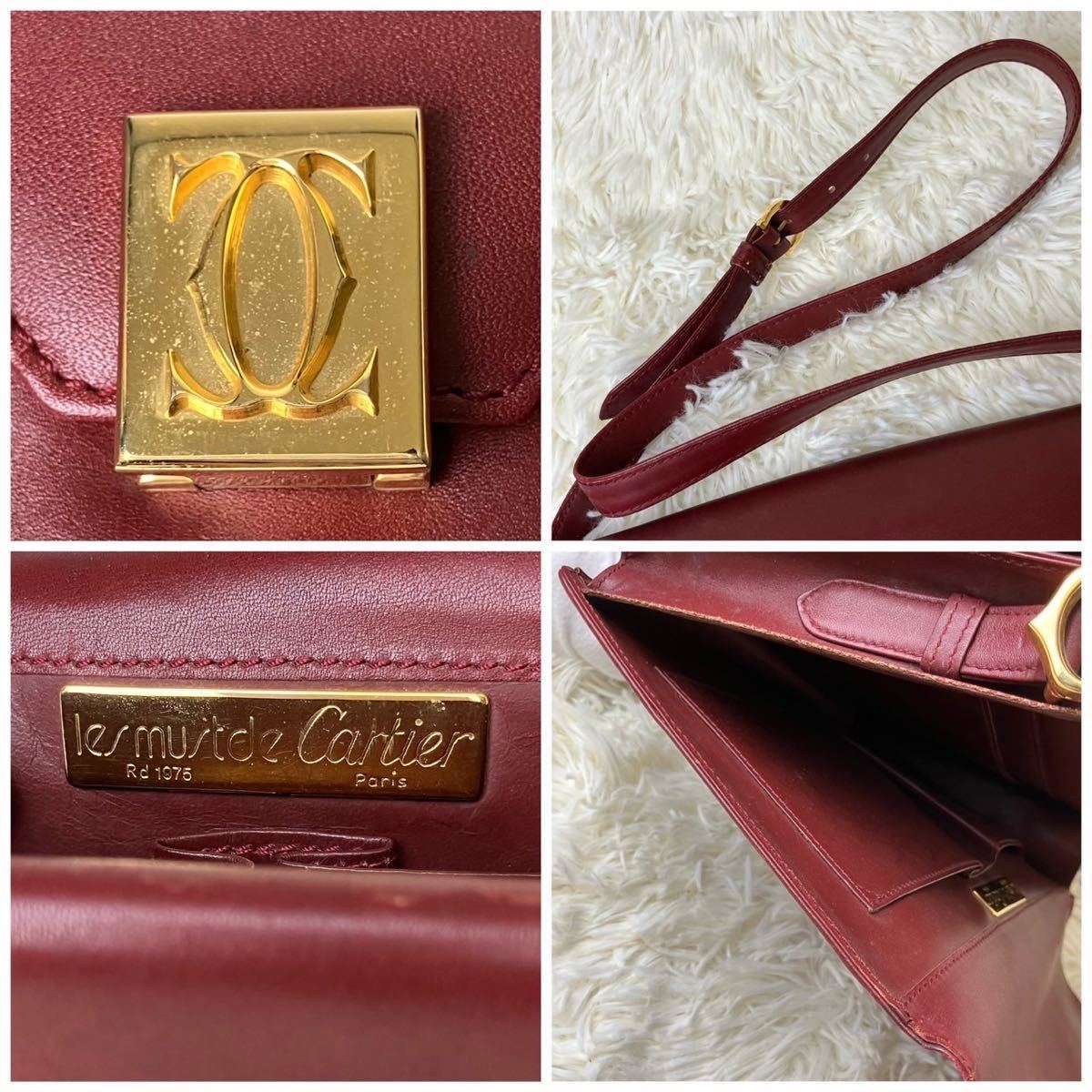 Cartier カルティエ ショルダーバッグ マストライン ロゴ ゴールド金具 肩がけ ワンショルダー スクエア レザー　ボルドー ワインレッド_画像9