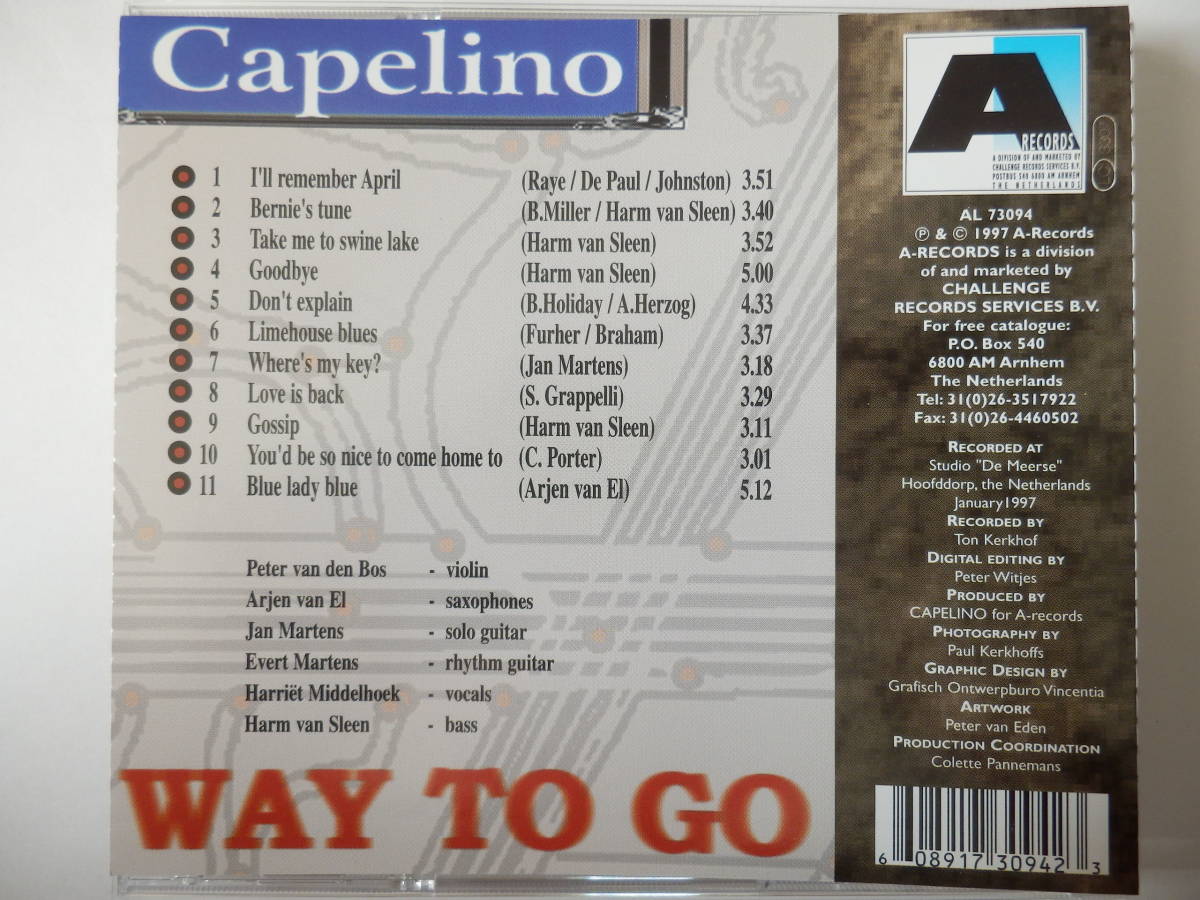 CD/オランダ: ジプシー- ジャズ/Capelino- Way To Go/Harriet Middelhoek:vo/Peter Van Den Bos:violin/Harm van Sleen:b/Arjan van El:sax_画像2