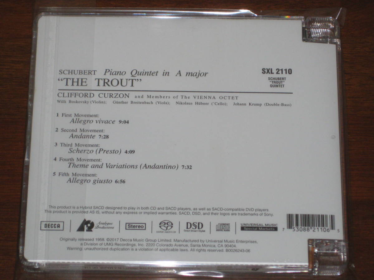 CURZON & VIENNA OCTET カーゾン & ウィーン八重奏/ SCHUBERT: THE TROUT QUINTET 2017年発売 Analogue P社 Hybrid SACD 輸入盤_画像2