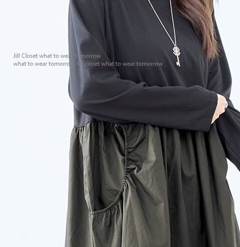 Jill.C*［新品］ 送料185円 伸縮◎異素材切替え*ギャザーdesignポケット付*スタイルカバー◎プルオーバー*チュニック*ワンピース3597.kh_画像3