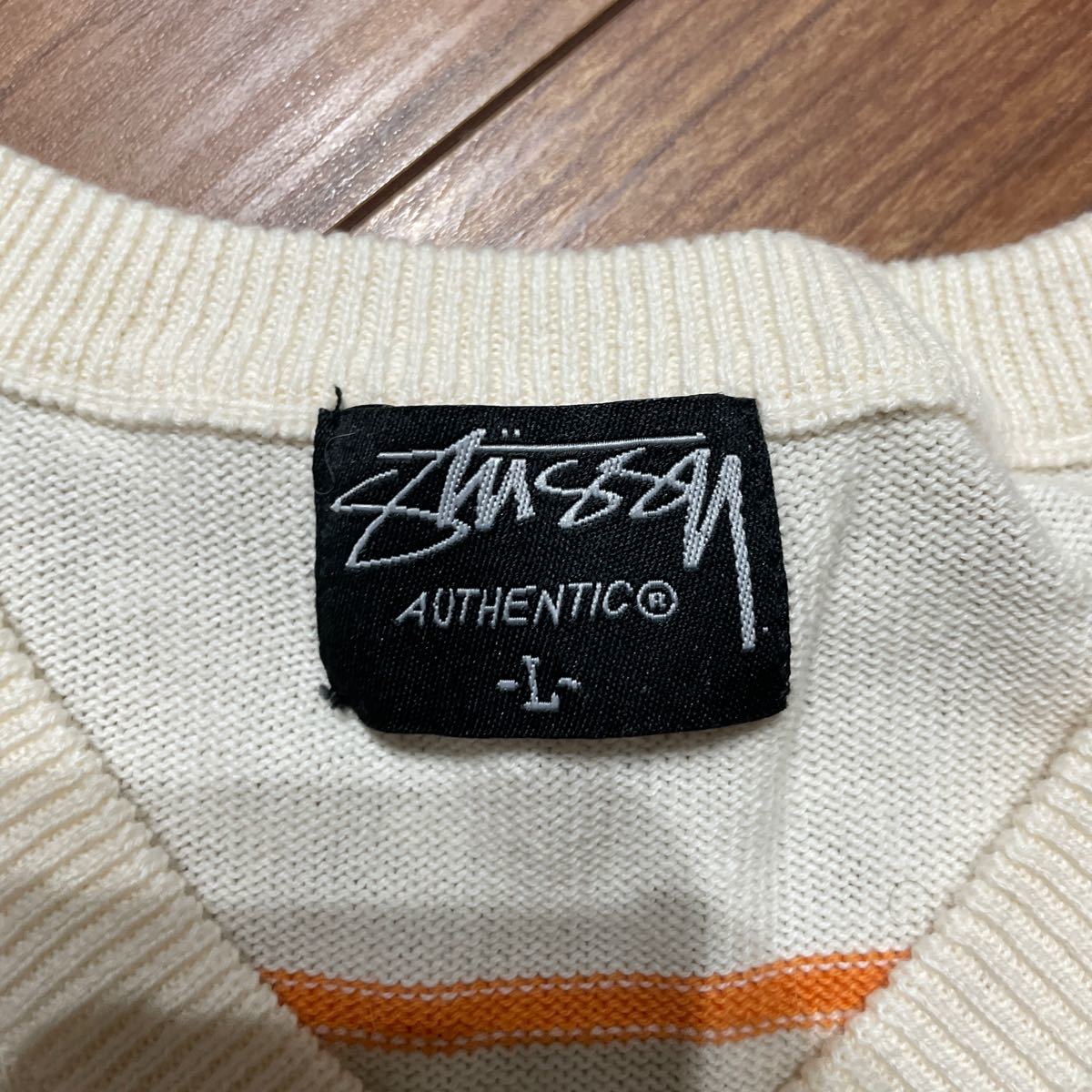 stussyステューシー　コットンニットセーター サイズL クリーム色　ボーダー_画像3